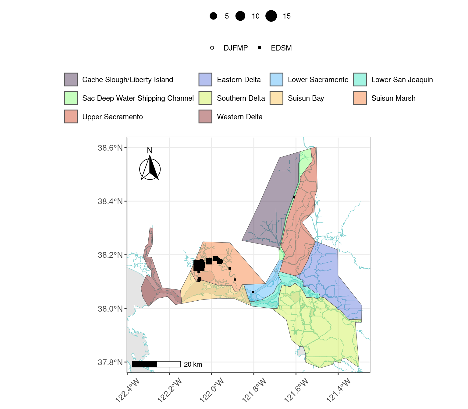 Map showing catch location and relative count of Delta smelt captured across different regions in WY2026