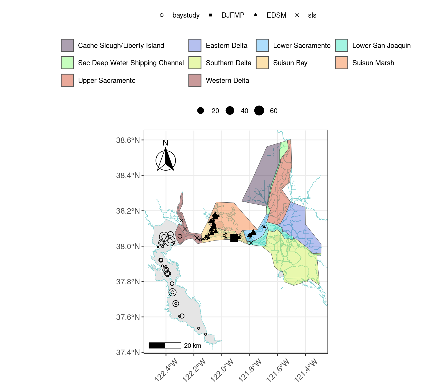 Map showing catch location and relative count oflongfin smelt captured across different regions in WY2026