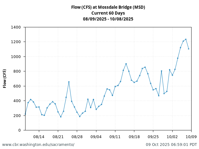 Plot of 60 Days current conditions Flow (CFS) at Mossdale Bridge (MSD)