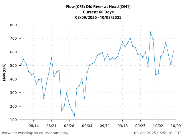 Plot of 60 Days current conditions Flow (CFS) Old River at Head (OH1)
